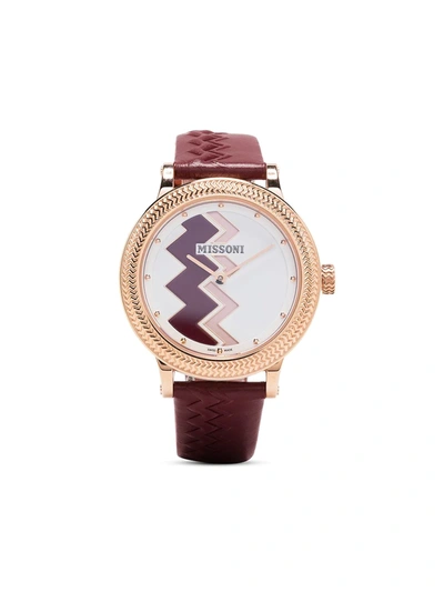 Missoni Optic Zigzag Rose Gold 35mm Leather Strap Watch In Silver/burgundy