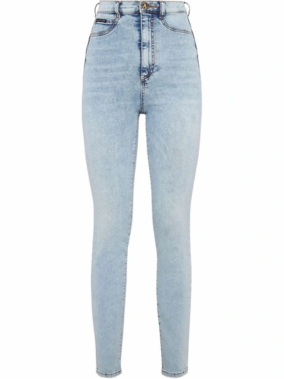 Philipp Plein Skull-embroidered High-waisted Jeans In Blau