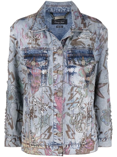 Philipp Plein Monogram Tattoo-print Oversize Denim Jacket In Blue