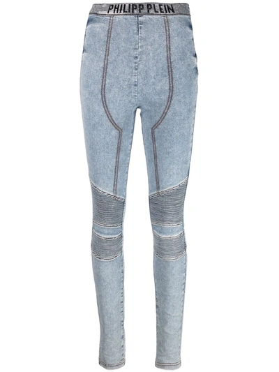 Philipp Plein Logo-waistband Denim Leggings In Blue