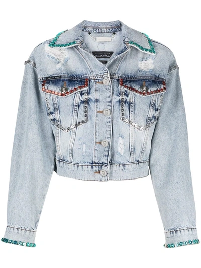 Philipp Plein Crystal-embellished Distressed Denim Jacket In Blue