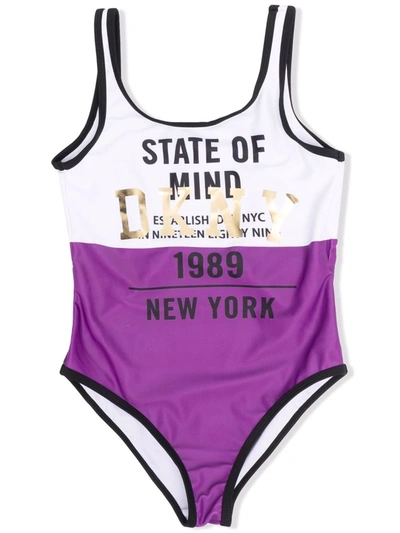Dkny Teen Logo-print Colour-block Swimsuit In Purple