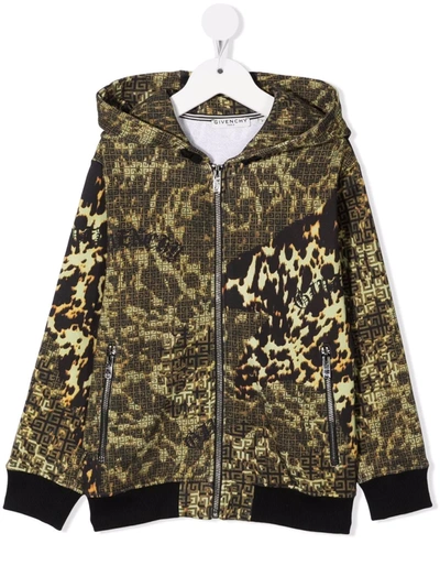 Givenchy Kids' Leopard Print Hooded Track Jacket In Green