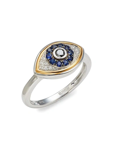 Effy Women's Sterling Silver, Sapphire, Black & White Diamond Evil Eye Ring