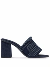Miu Miu Frayed Denim Logo Mule Sandals In Blau
