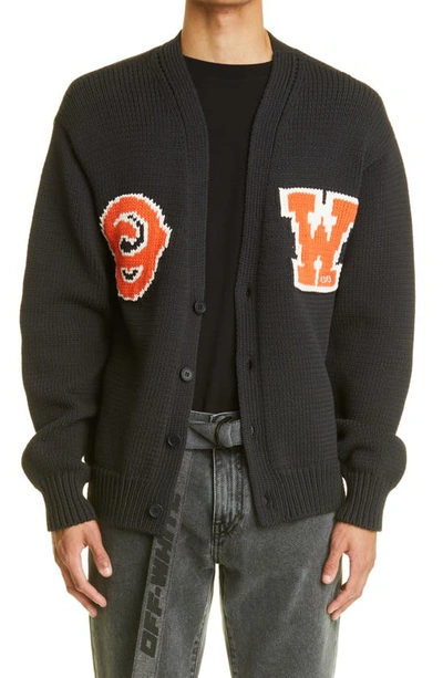 Off-white Logo Patch Knit Cardigan In Nero