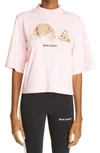 Palm Angels Pink Cotton Cropped Bear Loose T-shirt Woman In Almond Blossom Brown