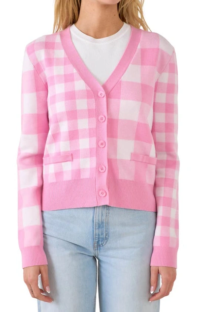 English Factory Gingham Knit Cardigan Sweater In Pink