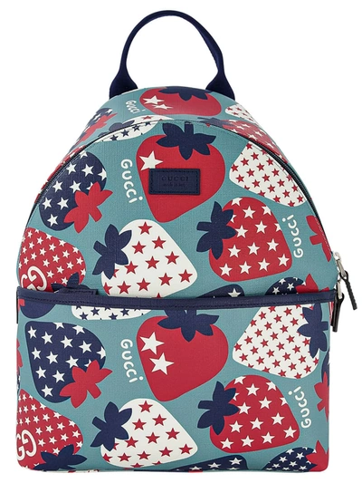 Gucci Kids Strawberry-print Coated-canvas Backpack In Blu