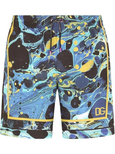 Dolce & Gabbana Marble-print Mid-length Swimshorts In Blue