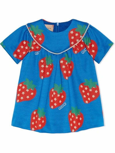 Gucci Babies' Strawberry-print Short-sleeved Dress In Blue