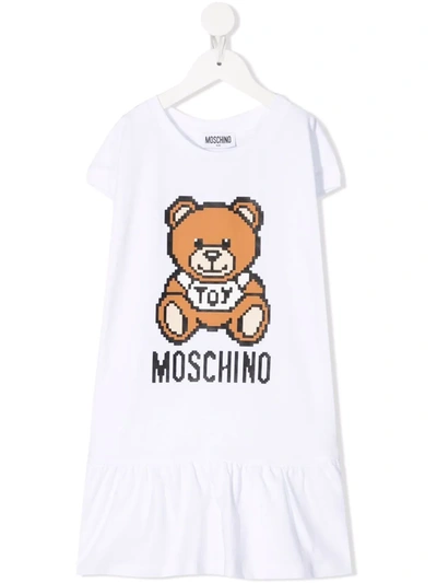 Moschino Kids Dress In White Cotto Fleece With Logo And Pixelated Teddy Bear