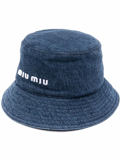 Miu Miu Logo Embroidered Denim Bucket Hat In Blue