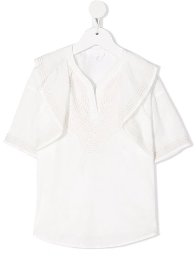 Chloé Kids' Contrast-stitching Ruffle Blouse In White