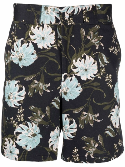 Erdem Lucius Straight-leg Floral-print Cotton-twill Shorts In Black Azure Olive