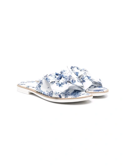 Monnalisa White Teen Slippers With Blue Print In Cream + Navy Blue