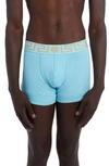 Versace Greca Border Long Boxer Trunks In 2v070 Light Blue Gold