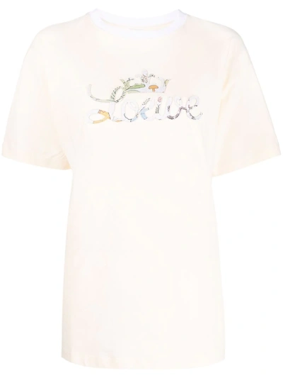 Loewe Embroidered Graphic-logo Cotton T-shirt In Neutrals