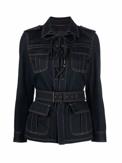 Saint Laurent Saharian Belted Lace-up Denim Jacket In Blue