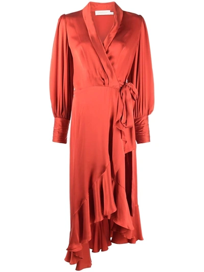 Zimmermann Long Sleeve Asymmetric Silk Wrap Dress In Red