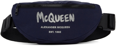 Alexander Mcqueen Navy Graffiti Belt Bag In Blu