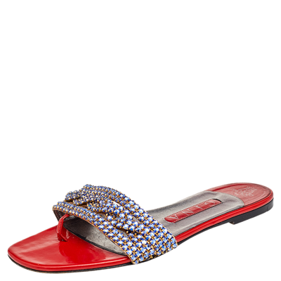 Pre-owned Gina Red/blue Crystal Embellished Patent Leather Thong Flat Slides Size 37.5