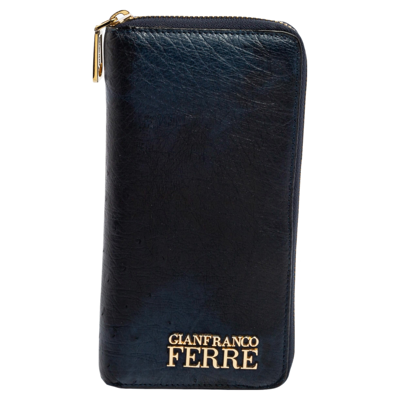 Pre-owned Gianfranco Ferre Navy Blue Ostrich Embossed Leather Zip Around Wallet