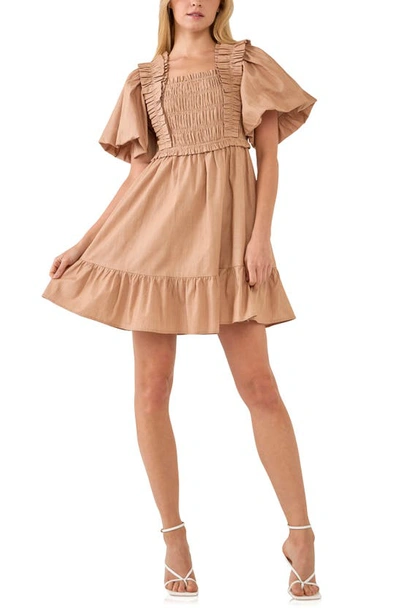 English Factory Puff Sleeves Mini Dress In Taupe