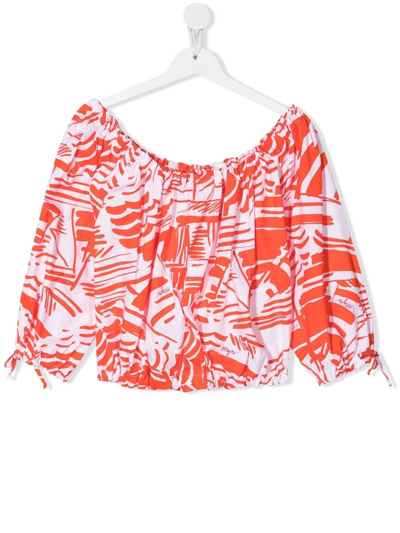 Msgm Teen Abstract-print Off-shoulder Blouse In Orange