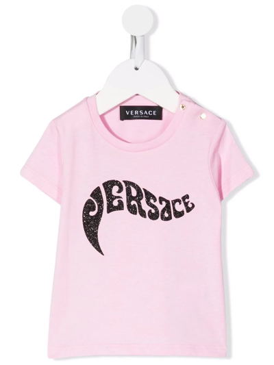Versace Babies' Logo亮片金葱t恤 In Pink