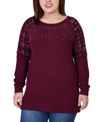 Ny Collection Plus Size Long Sleeve Knit With Print Shoulder Insets Top In Burgundy Plaid