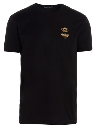 Dolce & Gabbana Black Cotton T-shirt With Crown And Bee Embroidery