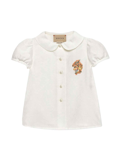Gucci White Shirt For Baby Girl With Flowers And Logo In Bianco