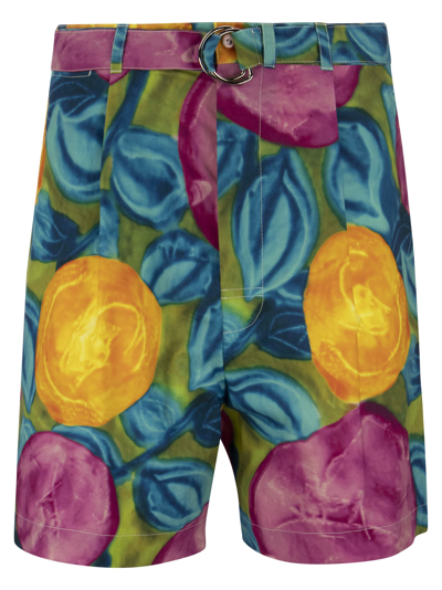 Marni Low Waist Cotton Bermuda Pants With Flower Allover Print In Multicolour