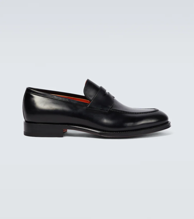 Santoni Leather Penny Loafers In Black