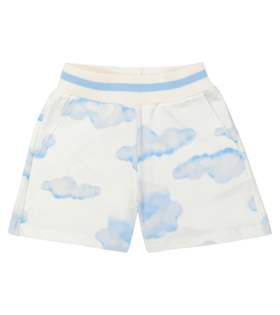 Monnalisa Kids' Cloud Print Cotton Sweat Shorts In Cream White + Sky Blue