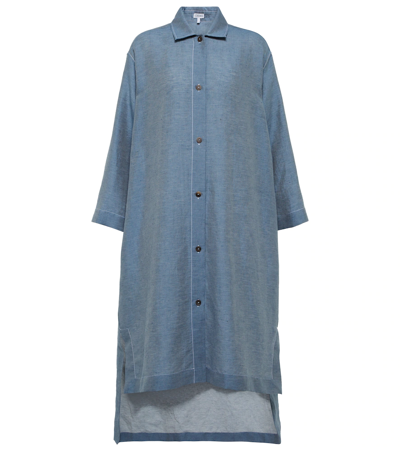 Loewe Logo-embroidered Linen-blend Chambray Shirt Dress In Light Blue