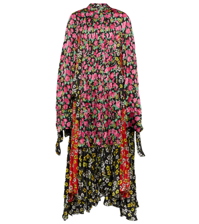 Balenciaga Asymmetric Patchwork Floral-print Satin Dress In Pink