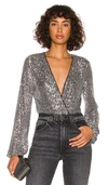 Bardot Sequin Wrap Bodysuit In Metallic Silver