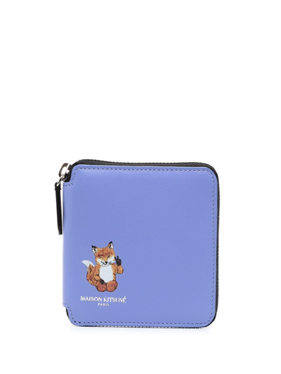 Maison Kitsuné All-right Fox-print All-around Wallet In Blue