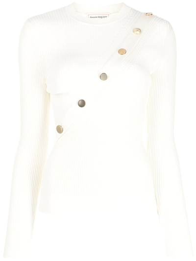 Alexander Mcqueen Button Embellished White Ribbed Top
