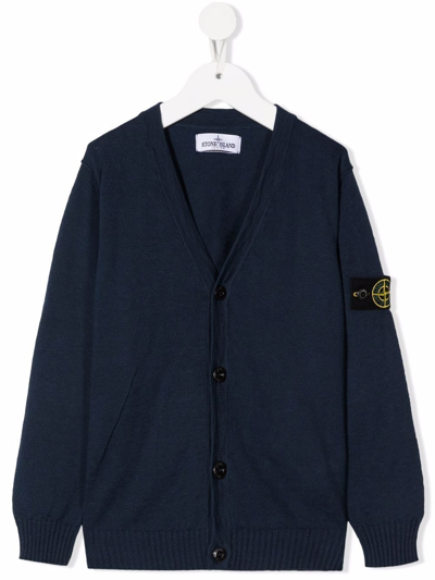 Stone Island Junior Kids' Compass Patch Knitted Cardigan In Blue