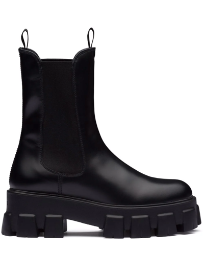 Prada High Monolith Leather Ankle Boots In Black