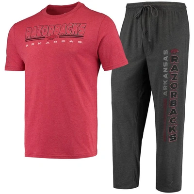 Concepts Sport Men's  Heathered Charcoal, Cardinal Distressed Arkansas Razorbacks Meter T-shirt And P In Heathered Charcoal,cardinal
