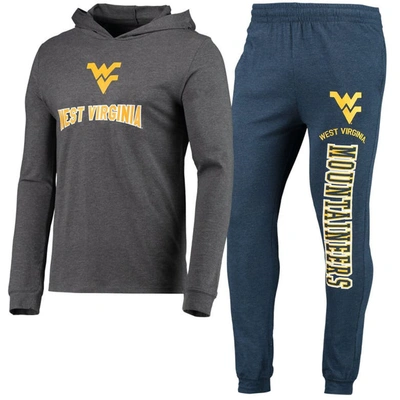 Concepts Sport Navy/heather Charcoal West Virginia Mountaineers Meter Long Sleeve Hoodie T-shirt & J In Navy,heathered Charcoal