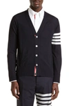Thom Browne Jersey Stitch Relaxed Fit V Neck Cardigan In Fine Merino Wool With 4 Bar Stripes In Navy