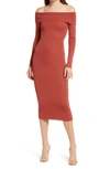 Bardot Off The Shoulder Long Sleeve Midi Dress In Chestnut