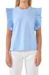 English Factory Pleated Sleeve Crew Neck Top In Powder Blue