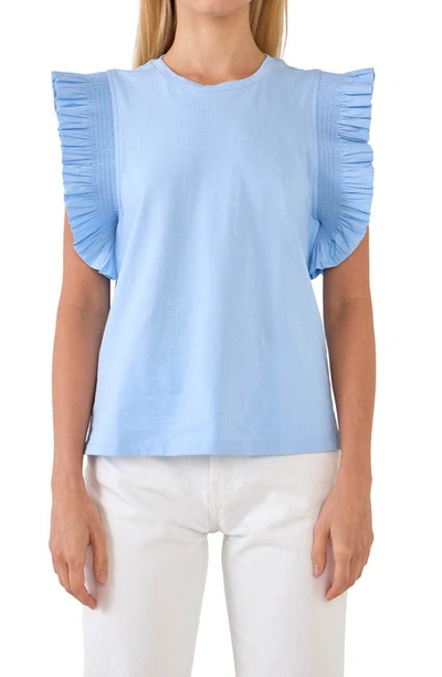 English Factory Pleated Sleeve Crew Neck Top In Powder Blue