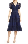 Tadashi Shoji Embroidered Lace Tiered Midi Dress In Royal Navy